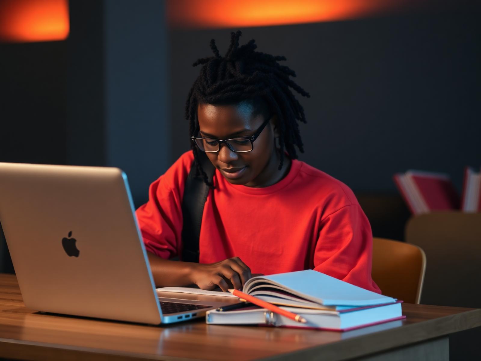 Student studying with laptop and notebooks
